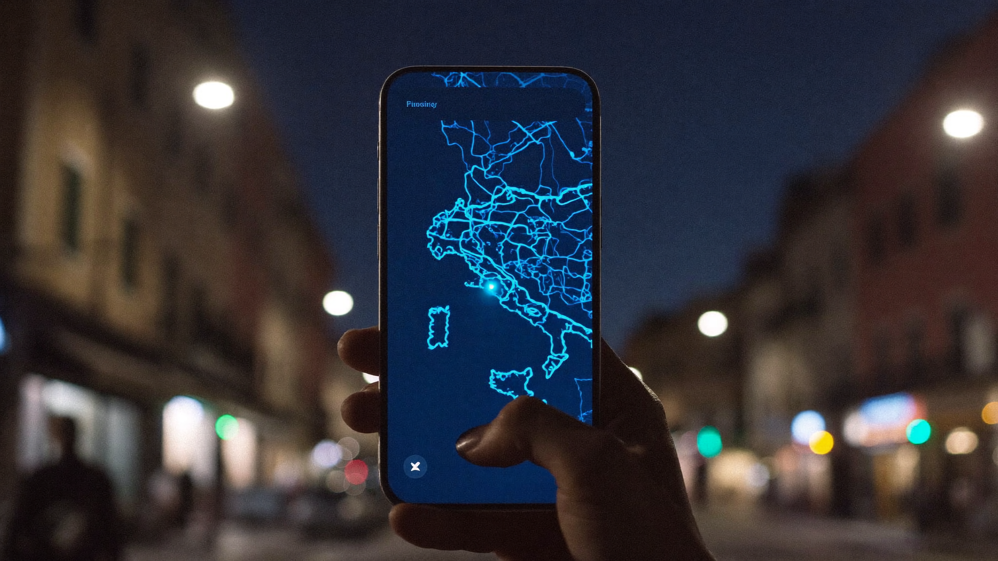 Cliente che cerca un'attività locale su smartphone di sera in una via italiana