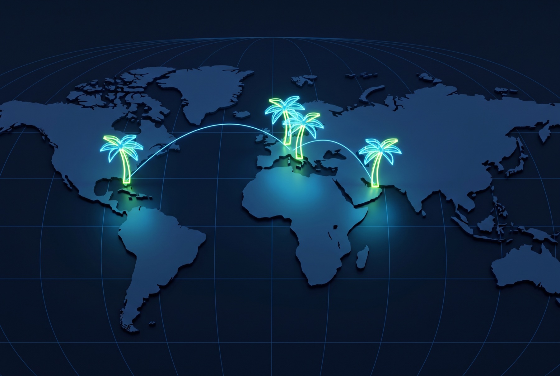 Mappa del mondo con palme luminose sui paesi in cui Nabify opera: Italia, Miami, Dubai e Berna