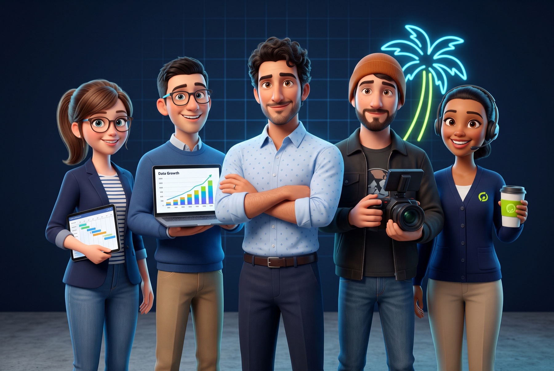 Il team Nabify in stile cartoon 3D: Monica, Alessandro, Nabil, Matteo e Iata